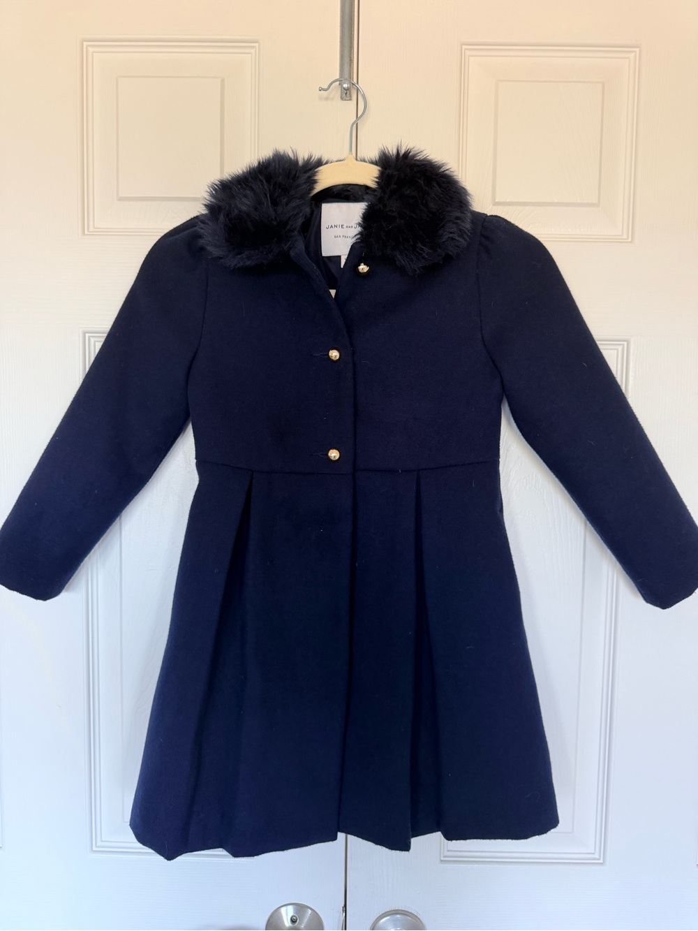 Janie and Jack Girls' Navy Wool Blend Coat with Faux Fur Collar size 5-6